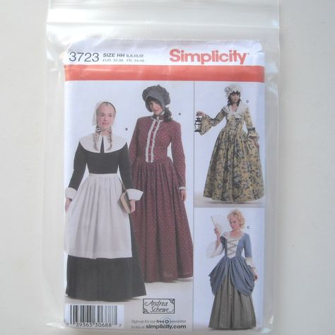 Simplicity Pattern 3723 Size 6 - 12 Andrea Schewe Misses Womens Historical Dress Costumes Colonial Dress Pattern, Colonial Dresses, Pilgrim Dresses, Pilgrim Costume, Pioneer Dress, Colonial Dress, Costume Sewing Patterns, Gown Pattern, Costume Patterns