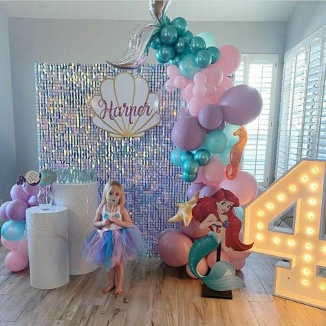 Ariel Theme Party, Ariel The Little Mermaid Birthday Party Backdrop, Mermaid Bday Decorations, Ariel Princess Birthday Party, Mermaid Balloons Decorations, Ariel Birthday Decorations, Ariel 4th Birthday Party, Ariel Bday Party Ideas, 4th Mermaid Birthday Party