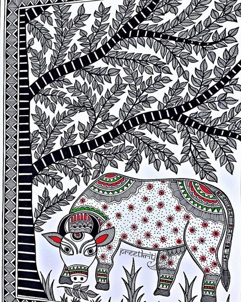 Preetkriti by Pratibha🔷 on Instagram: “#throwback2018 From the series ‘Rejoice’, celebrating nature in madhubani- kachni style! . . Available for purchase DM for details…” Madhubani Art Of Krishna, Aari Drawing, Warli And Madhubani Fusion Painting, Kachni Style Madhubani Painting, Kalpavriksha Tree Madhubani, Owl In Madhubani Painting, Mithila Painting, Worli Painting, Gond Art