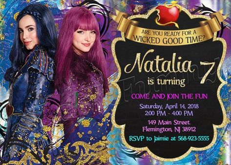 Disney Descendants 2 Invitation Disney Descendants Invitation Disney Descendants 2 Birthday Disney D Descendants Party Ideas Birthdays, Disney Descendants Party, Descendants Party, Descendants 2, Disney Descendants, 6th Birthday Parties, Printing Shop, 3rd Birthday Parties, Party Items