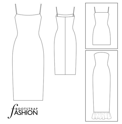 Diy Bodycon Dress Pattern, Bodycon Dress Flat Sketch, Bodycon Dress Pattern Sewing, Tight Dress Pattern, Bodycon Dress Sewing Pattern, Spaghetti Strap Dress Pattern, Strap Dress Pattern, Fitted Dress Pattern, Bodycon Dress Pattern