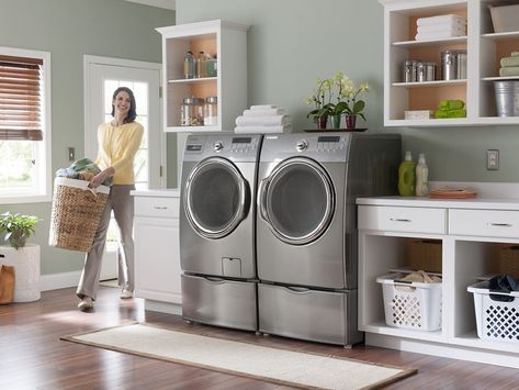 Washer And Dryer Pedestal, Washer Dryer Set, Laundry Pedestal, Laundry Essentials, Laundry Dryer, Laundry Closet, Front Load Washer, Laundry Room Storage, Laundry Storage