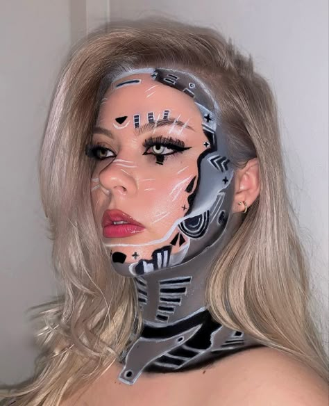 Robot make up/ robot make up look/ halloween make up/ halloween glam/ robot halloween/ halloween robot/ halloween robot make up look/ ai make up/ ai halloween/ halloween baddie/ halloween make up inspiration/ halloween inspo/ halloween aesthetic/ aesthetic make up/ editorial make up look Robot Costume Makeup, Robot Makeup Halloween, Robot Makeup Cyborgs, Robotic Makeup, Mad Scientist Makeup, Robot Makeup Look, Android Makeup, Halloween Baddie, Robot Makeup