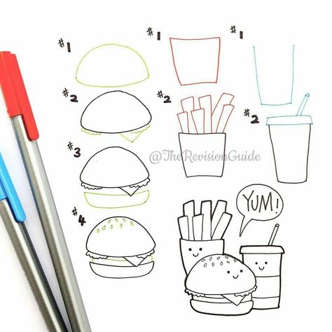 Doodle Lettering, Tableau Art, Bullet Journal Doodles, Easy Food, Food Drawing, Journal Doodles, Drawing Lessons, Kawaii Drawings, Step By Step Drawing