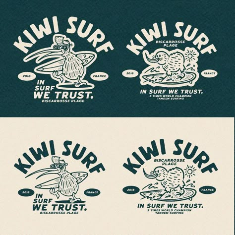 Logo options made for Kiwi Surf that unfortunately went unapproved. Sometimes you love what you make for a client, but they don't. Rarely… | Don Leon, Graphic Designer | Illustrator (@dedonleon) on Instagram Surf Shop Branding, Surf Graphic Tee, Surf Shirts Graphic Tees, Surf Merch, Surf Logo Design, Surf Design Graphic, Surf Graphic Design, Surf Branding, Kiwi Logo