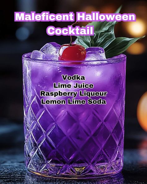 🎃 Maleficent Halloween Cocktail 🧙‍♀️🍹 A spooky and delicious cocktail 🍹🧙‍♀️ Ingredients - 1 oz vodka - 0.5 oz lime juice - 2 oz raspberry liqueur - 2 oz lemon-lime soda - 1 tsp silver edible glitter - 1 drop purple food coloring Instructions 1. In a large cocktail shaker, combine the vodka, raspberry liqueur, lime juice, silver edible glitter, and purple food coloring. 2. Shake the mixture vigorously to ensure all the ingredients are well combined and the silver edible glitter is evenly dis... Maleficent Halloween, Cocktail Vodka, Purple Food Coloring, Liquor Recipes, Halloween Cocktail, Purple Food, Raspberry Liqueur, Yummy Alcoholic Drinks, Lemon Lime Soda