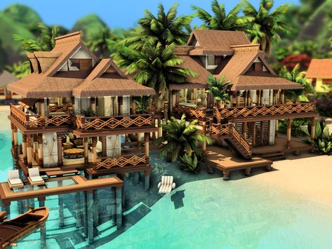 Tropical Island House Plans, Sims 4 Island Living House Ideas, Sims 4 Cc Vacation House, Sims Beach House Ideas, Family Beach House Sims 4, Sims Tropical House, Sims 4 Sulani Mansion, The Sims 4 Sulani Houses Ideas, Sims Island Living Cc