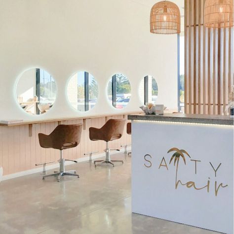 Hair Salon Concrete Floor, California Salon Aesthetic, Salon With Concrete Floor, Salon Concrete Floor, Open Concept Salon Ideas, Open Floor Plan Hair Salon, Concrete Salon Floor, Minimalist Salon Interior Design, Corner Retail Display