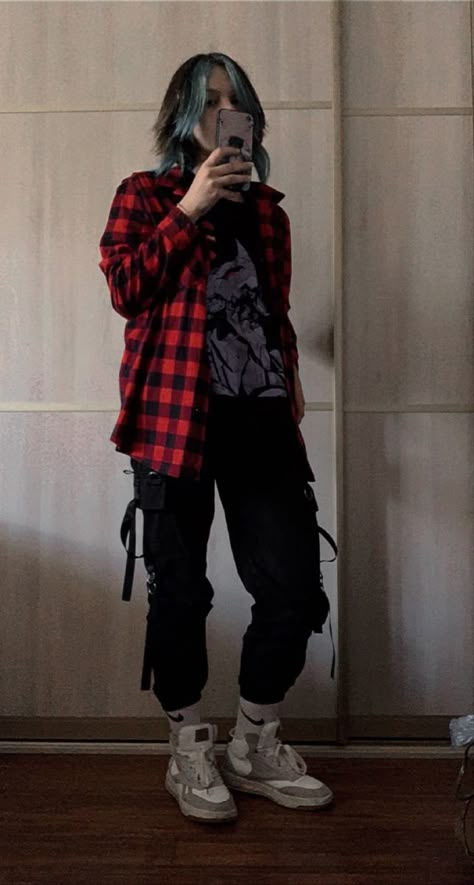 Dark Tomboy Outfits, Tomboy Going Out Outfit, Rock Alternative Aesthetic, Red Emo Outfits, Red Grunge Aesthetic Outfits, Book Nerd Aesthetic Outfit, Grunge Nonbinary, Bisexual Outfits Style, Red Jeans Outfit