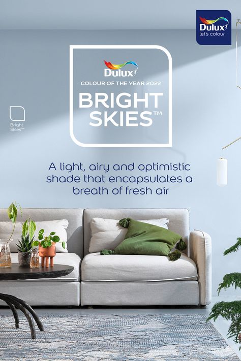 Dulux Colour of the Year 2022 Bright Skies Bright Skies Dulux Paint, Dulux Bright Skies, Dulux Paint Colours Blue, Blue Color Palette Living Room, Dulux Colour Schemes, Dulux Blue, Colour Of The Year 2022, Blue Living Room Ideas, Redrow Homes