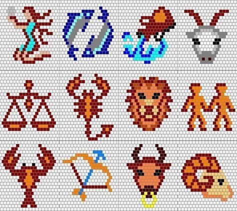 Zodiaco Mini Plastic Canvas Patterns, Beaded Zodiac Signs, Miyuki Beads Pattern, Beadwork Designs, Brick Stitch Pattern, Beaded Cross Stitch, Pixel Art Pattern, Bead Embroidery Jewelry, Beaded Crafts