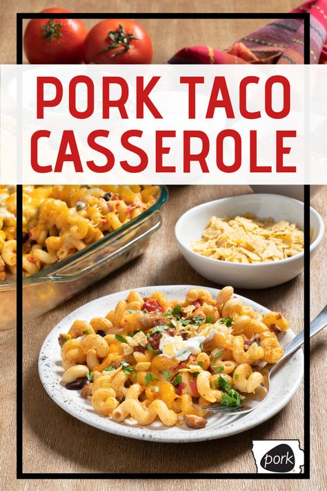 Casseroles With Pork, Pork Taco Casserole, Ground Pork Casserole Recipes, Ground Pork Casserole, Cozy Casseroles, Ground Pork Tacos, Carrot Recipes Side Dishes, Pork Taco, Casseroles Recipes