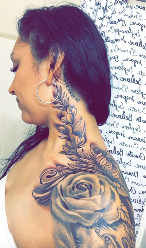 Shoulder Chest Tattoo Female Cover Up, Side Neck Tattoos Women Ideas Flower, Neck To Back Tattoos Women, Animal Shoulder Tattoos For Women, Woman Neck Tattoo Side, Shoulder And Neck Tattoo, Neck To Shoulder Tattoo Women, Neck To Shoulder Tattoo, Neck And Shoulder Tattoos