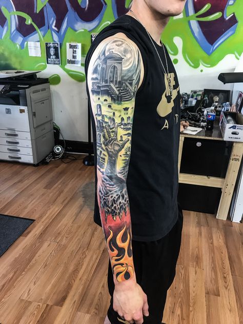 GraveYard Tattoo with Zombie hand and Flames Tat Full Color Sleeve Neo Tradition Neotraditional Leg Sleeve, Graveyard Tattoo Design, Zombie Hand Tattoo, Graveyard Tattoos, Full Color Sleeve, Tattoo Flames, Background Tattoo Design, Graveyard Background, Apocalypse Tattoo