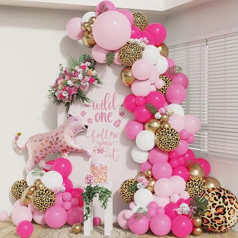 Pink Safari Balloon Garland, Cheetah Print Balloon Arch, Cheetah Print Balloon Garland, Pink Leopard Party Decor, Animal Print Balloon Garland, Hot Pink First Birthday, Pink Two Wild Party, Pink And Cheetah Party, Pink Safari Birthday Party Decoration