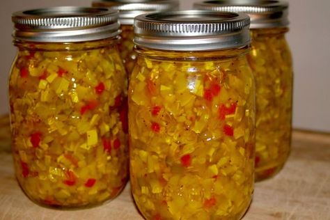 Squash Relish Canning Recipe, Squash Relish Recipe, Squash Relish, Blueberry Rhubarb Jam, Canned Squash, Yellow Squash Recipes, Corn Relish, Canning Pickles, Canning Vegetables