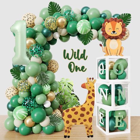 PRICES MAY VARY. Wild One Birthday Decorations - Package includes: 2pcs animal foil balloons(1giraffe, 1lion), 15pcs 12'' balloons(5green confetti/5gold confetti/5leopard print), 51pcs 10'' balloons(20sage green/10dark green/5sand white/5green metallic/8gold metallic/3green white agate pattern), 25pcs 5'' balloons(15sage green/5white/5green metallic), 3pcs 1st birthday balloon boxes, 2 set ''one'' letter(1white/1green), 32'' 1 foil balloon, 8pcs palm leaves, 4pcs balloon tools. Premium Quality - Green Gold Balloon Garland, Wild One Birthday Decorations, Safari Jungle Theme, Balloon Boxes, Jungle Theme Birthday Party, Boys 1st Birthday Cake, Gold Number Balloons, Jungle Party Decorations, 1st Birthday Balloons