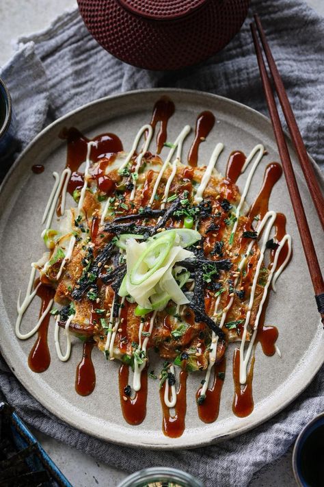 Vegan Okonomiyaki, Okonomiyaki Recipe, Trumpet Mushrooms, Chickpea Stew, Savory Pancakes, Grilled Mushrooms, Vegan Mayonnaise, Nutrition Articles, Plant Based Meals