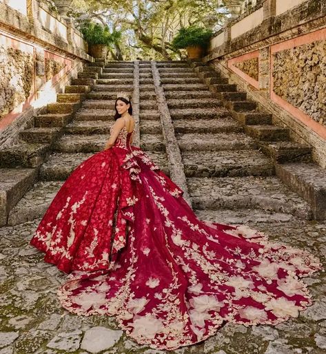 Quinceañera Dresses | Princesa by Ariana Vara Red And Gold 15 Dresses, Gold 15 Dresses, Masquerade Quinceanera, Pastel Prom Dress, Plus Prom Dresses, Floral Ball Gown, Quinceanera Dresses Red, Quinceanera Photoshoot, Glitter Prom Dresses