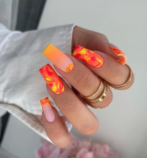 Neon Nail Colors, Neon Nail Art Designs, Neon Orange Nails, Orange Nail Art, Neon Nail Art, Neon Nail Designs, Orange Nail Designs, Marble Nail Designs, Marble Nail