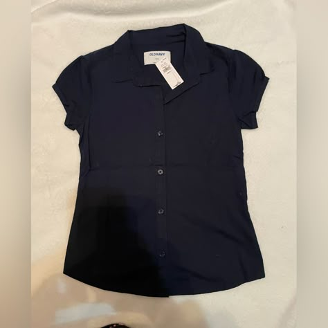 Old Navy Short Sleeve Navy Blue Blouse For Girls Size 6-7 New With Tags Navy Blue Button Up, Hostess Outfit, 6th Form Outfits, Sixth Form Outfits, Money Shirt, Elegant Tops, Sixth Form, Navy Blue Shirt, Fitted Blouse