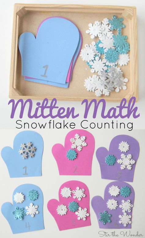 Mitten Math Snowflake Counting Activity for Preschoolers is a simple winter themed number recognition and counting activity! Fine Motor Activities For Preschoolers Winter, Mitten Art Preschool, Snowflakes Preschool Activities, Activity For Preschoolers, Preschool Winter, Winter Activities Preschool, Counting Activity, Winter Classroom, Winter Math