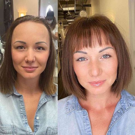 Bob With Bangs For Thinning Hair, Fringe Thinning Hair, Fine Bangstyle Hair, Short Hair With Bangs For Fine Hair, Fringe Bangs Thinning Hair, Fine Hair Bangs Short, Medium Length Haircut For Thinning Hair With Bangs, Bangs For Balding Hair, Short Hair With Bangs For Thinning Hair