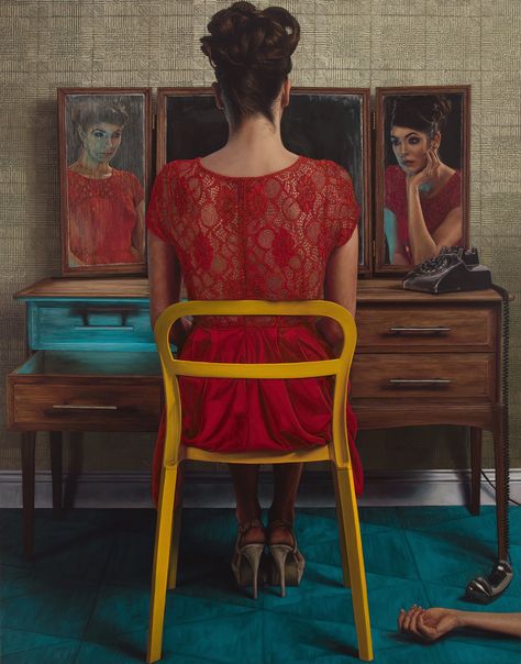 Ian Cumberland... | Kai Fine Art Ian Cumberland, Surreal Mirror Art, Ian Cumberland Paintings, Weird Portraits Painting, Dissociation Art Mirror, Ian Mckeever Overpainted Photographs, Irish Painters, Mirror Illustration, Surreal Scenes