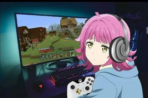 Hi Video Game, A Girl, Minecraft, Headphones, Sign Up, Computer, Screen, Anime, Hair