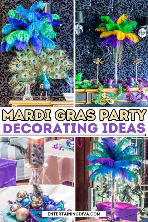 Colorful Mardi Gras party decorations with vibrant feather arrangements, masks, beads, and purple and gold accents. Text reads "Mardi Gras Party Decorating Ideas. Mardi Gras Tablescape, Feather Arrangements, Carnival Theme Party, Mardi Gras Food, Party Decorating Ideas, Graduation Party Themes, Festive Food, Mardi Gras Decorations, Carnival Theme