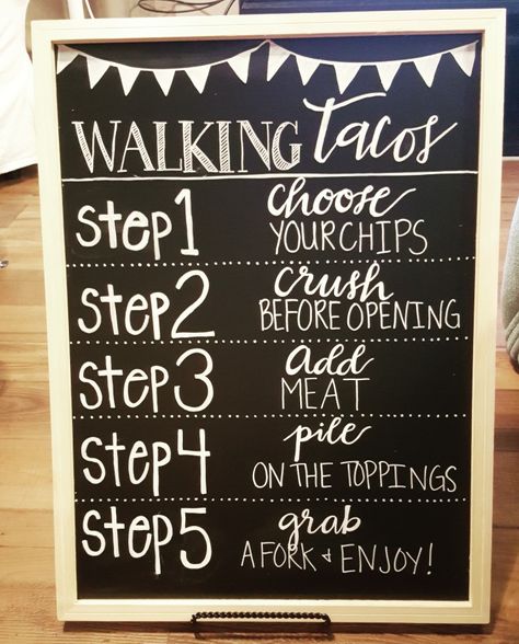 Walking tacos sign Walking Taco Bar For Wedding, Walking Tacos For Graduation Party, Birthday Party Walking Taco Bar, Walking Tacos Birthday Party, Walking Tacos Bar Wedding, Walking Tacos Bar Set Up, Graduation Walking Taco Bar, Sweet 16 Nacho Bar, Walking Taco Display