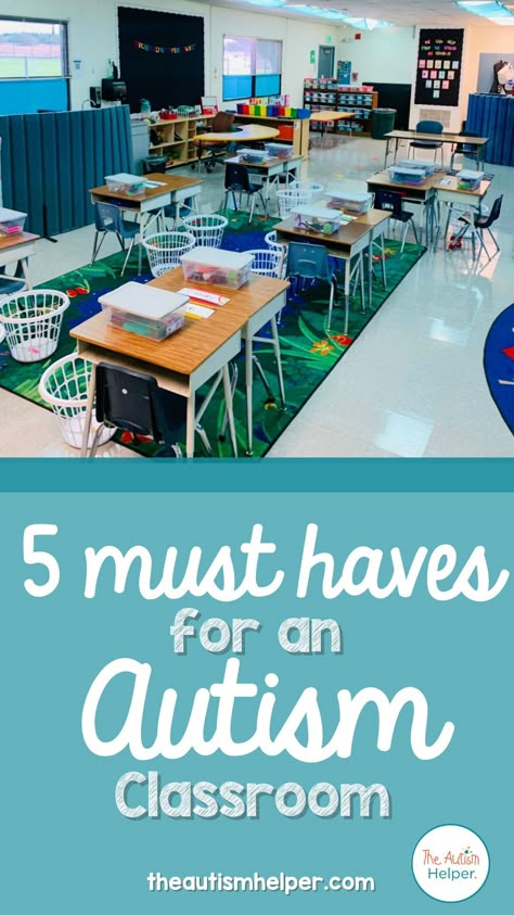 I have taught autistic children for many years and have found amazing tricks and tools that help routines in the classroom run so much smoother. Head to the blog to read my 5 "must-have" classroom items! Sdc Kindergarten Classroom, Sensory Classroom Ideas Special Education, Prek Asd Classroom, Asd Preschool Classroom Setup, Asn Classroom Ideas, Centers For Self Contained Classroom, Classroom For Special Needs Ideas, Asd Classroom Centers, Multiple Disabilities Classroom Setup