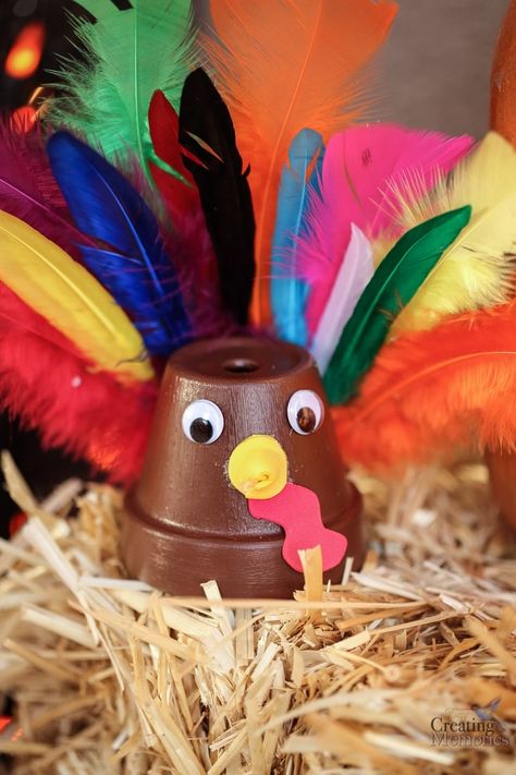 DIY Clay Pot Turkey Craft for kids, Great Last minute Thanksgiving Craft Flower Pot Turkey Crafts, Flower Pot Turkey, Clay Pot Turkey Craft, Small Terra Cotta Pot Crafts, Diy Turkey Crafts, November Decorations, Crafts For Thanksgiving, Pot Animals, Turkey Handprint Craft