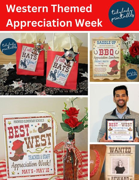 Western Theme Teacher Appreciation Week Printable Party Set — TidyLady Printables Employee Appreciation Theme Ideas, Teacher Appreciation Themes Ideas, Employee Appreciation Party Theme, Teacher Appreciation Bbq Theme, Themed Luncheon Ideas Staff Appreciation, Western Teacher Appreciation, Western Theme Volunteer Appreciation, Teacher Appreciation Bar Theme, Cowboy Teacher Appreciation