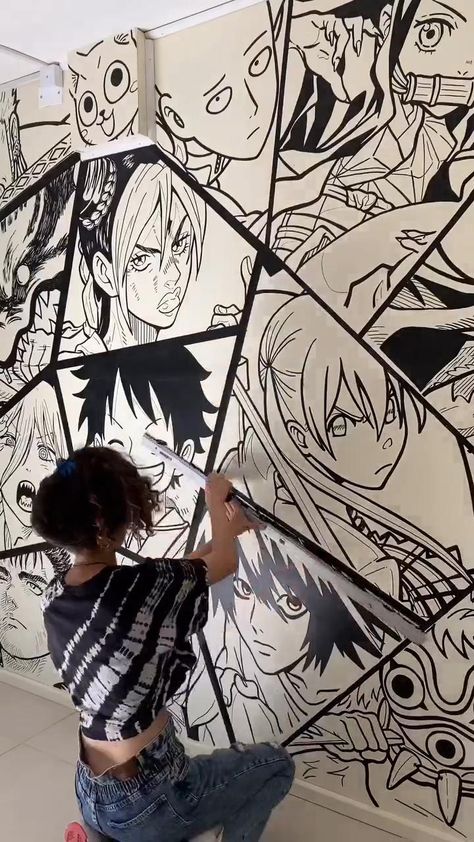 Anime Rooms Drawings, Wall Painting Anime Ideas, Anime Wall Design Bedroom, Manga Bedroom Drawing, Anime Wall Painting Ideas Bedroom, Anime Room Design Ideas, Anime Wall Painting Bedroom, Anime Room Painting, Anime Wall Drawing Bedroom