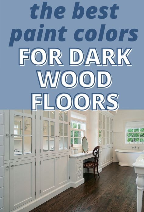 Pick the perfect paint color to match your dark wood floors by choosing one of these popular paint colors! Best Paint Colors For Dark Wood Floors, Paint Colors For Dark Wood Floors, Paint Colors With Dark Wood Floors, Dark Wood Floors White Walls, Wall Colors For Dark Wood Floors, Dark Floors Light Walls, Dark Floor Kitchen, Dark Walnut Floors, Dark Stained Wood Floors