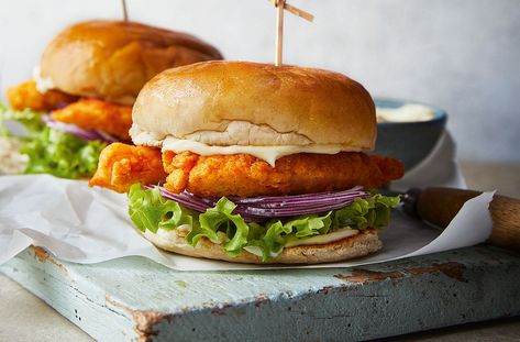 Chicken Fillet Burger Recipe | Waitrose & Partners Chicken Fillet Burger, Chicken Fillet Recipes, Chicken Minis, Chicken Fillet, Big Burgers, Iceberg Lettuce, Spanish Onion, Deep Frying, Burger Recipe