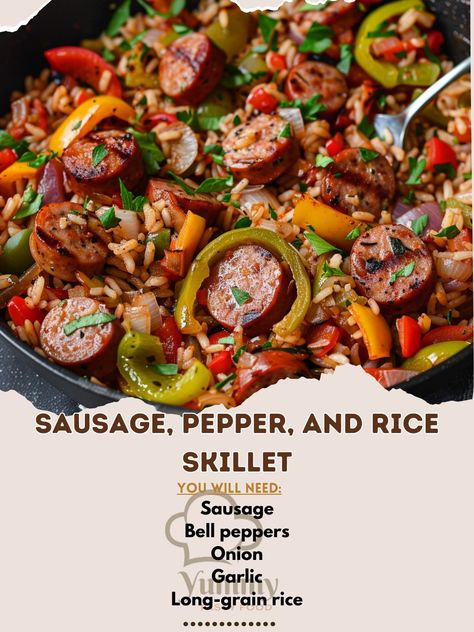 🌶️ Quick and flavorful, try our Sausage, Pepper, and Rice Skillet tonight! 🍚🌭 #QuickDinner #OnePanMeal Sausage, Pepper, and Rice Skillet Ingredients: Sausage, sliced (1 lb) Bell peppers, sliced (2) Onion, chopped (1) Garlic, minced (3 cloves) Long-grain rice (1 cup) Chicken broth (2 cups) Olive oil (2 tbsp) Salt and pepper to taste Instructions: Heat olive oil in a skillet over medium heat. Add sausage slices and cook until browned. Add bell peppers, onion, and garlic; sauté until soft. S... Rice And Chicken Broth, Sausage And Rice Recipes, Sausage Rice, Rice And Chicken, Rice Skillet, Sweet Bell Peppers, One Pan Dinner, Skillet Recipes, Sausage And Peppers