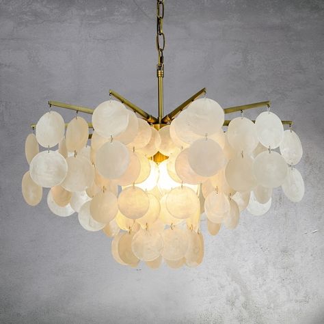 Modern Coastal Tier Capiz Shell Chandelier in Antique Gold - Bed Bath & Beyond - 36898909 Capiz Shell Chandelier, Funky Lighting, Chandelier Store, Wrought Iron Lights, Stunning Chandelier, Wood Bead Chandelier, Shell Chandelier, Gold Bed, Gold Fixtures