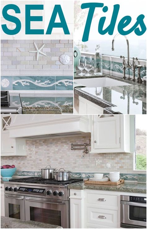 Oak And White Kitchen Cabinets, Coastal Tiles, Oak And White Kitchen, Coastal Kitchen Backsplash Ideas, Coastal Design Ideas, Coastal Kitchen Backsplash, Kitchens Backsplash, Mediterranean Home Interior, Nautical Kitchen