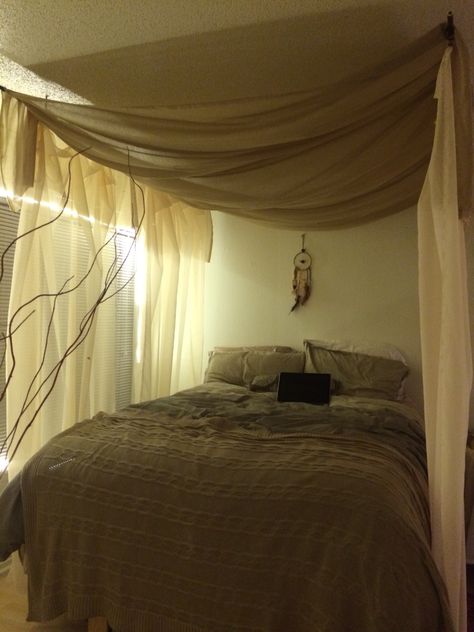 My own canopy that I made for my bed!!! I love it. Soft and serene. Bed With Fabric Canopy, Diy Curtains Over Bed, How To Hang Canopy Over Bed, Diy Canopy Curtains For Bed, Floating Bed Canopy, Diy Bed Canopy Easy Dorm Room, Hanging Bed Curtains, Bedroom Ceiling Drapery Ideas, Makeshift Canopy Bed