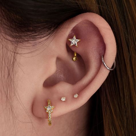 Star Cartilage Diamond Piercing / 14K Gold Rook Earring / Star Helix Tragus Stud / Conch Piercing / Gift for Her. - Etsy Diamond Piercing, Earring Star, Conch Piercings, Elegant Gift Wrapping, Tragus Stud, Conch Earring, Conch Piercing, Moissanite Earrings, Vs Diamond