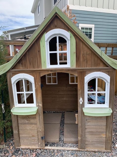 Kids Playhouse Makeover - Project Whim Playhouse Makeover Wooden, Refurbished Playhouse, Kid Kraft Playhouse Makeover Diy, Wood Playhouse Makeover, Kids Play House Outdoor, Wooden Playhouse Makeover, Playhouse Makeover, Kidkraft Playhouse Makeover, Kids Playhouse Makeover