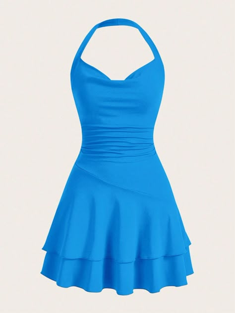 SHEIN MOD Draped Front Ruched Ruffle Hem Halter Neck Backless DressI discovered amazing products on SHEIN.com, come check them out! Dresses Fits, Slytherin Clothes, Backless Halter Top, Frutiger Aero, Diy Fashion Clothing, Comfy Clothes, Y2k Streetwear, Aesthetic Outfits, Y2k Fashion