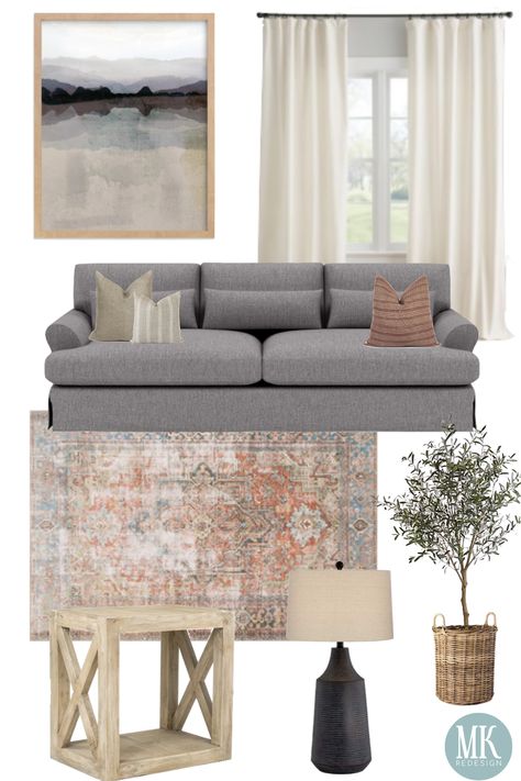 Beautiful Living Room Inspiration. Earth Tones. Rust, Blue, Ivory, Tan, Cream, Greenery all come together for a classic cozy living room, or family room. Faux Greenery tree. Nature Art Print. Cream Curtains Designer throw pillows. Gray Couch. Vintage Rug. Wood End Tables. Black Lamp. Follow us or check our our website for more information!  -MK Redesign Grey Couch Persian Rug Living Room, Rugs In Living Room Gray Couch, Grey Wood Living Room Decor, Gray Couch Gray Rug, Dark Gray Couch Decorating Ideas, Area Rug Living Room Grey Couch, Grey Blue And Rust Living Room, Tan Couch Navy Accents, Vintage Living Room Gray Couch