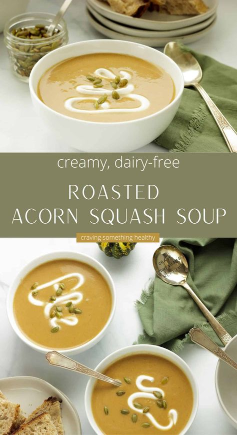 This cozy, comforting acorn squash soup just explodes with flavor from caramelized acorn squash, green apple, aromatic spices, and a touch of peanut butter. Creamy but dairy-free. Acorn Squash Roasted, Acorn Squash Soup, Buttercup Squash, Roasted Acorn Squash, Peanut Stew, Apple Soup, Squash Soup Recipe, Peanut Soup, Healthy Holiday Recipes