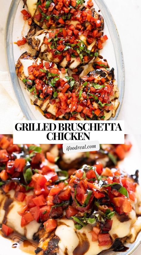 Juicy Grilled Bruschetta Chicken made with grilled chicken breast, melted mozzarella cheese, fresh tomatoes and basil drizzled with a sweet balsamic glaze. It’s a simple summer classic! Bruschetta Grilled Chicken, Healthy Bruschetta, Chicken Bruschetta Recipe, Grilled Chicken Breast Recipes, Easy Bruschetta, Chicken Menu, Grilled Bruschetta, Chicken Skillet Recipes, Bruschetta Chicken