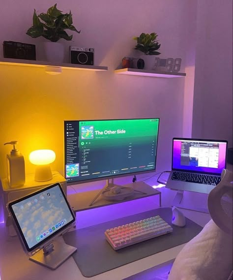 College Dorm Pc Setup, Gaming And Study Setup, Rgb Desk Setup, Monitor Aesthetic Setup, Big Tv Aesthetic, Cheap Pc Setup, Monitor Set Up, Aesthetic Set Up, Pc Setup Ideas