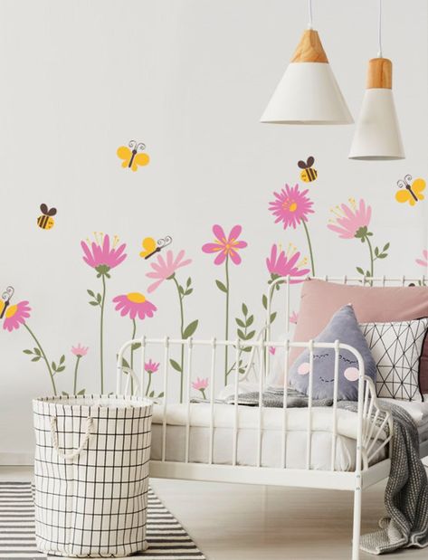 Flowers With Bees and Butterflies Wall Decal - Etsy Australia Kids Flower Mural, Flowers On Wall Painting, Wall Butterfly Painting, Flower Wall Paint, Flower Painting On Wall, Kids Wall Murals Painted, Flower Painted Wall, Fun Wall Painting Ideas Creative, Baby Room Wall Painting