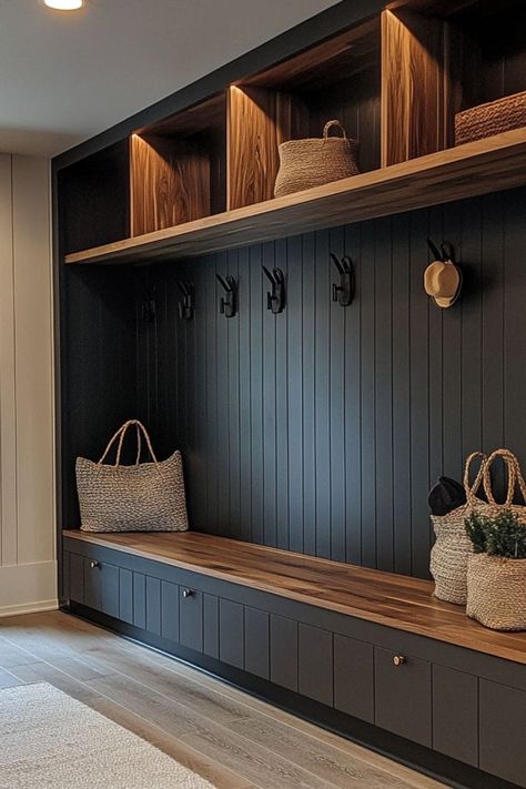 Organize a sleek and functional mudroom with smart storage and stylish touches. #MudroomDecor #HomeOrganization #FunctionalSpaces Mudroom Hooks And Bench, Foyer Room Ideas, Backdoor Mudroom, Cabin Addition Ideas, Entry Closet Makeover, Dark Modern Interior, Boot Room Ideas, Hall Bench With Storage, Mint Green Room